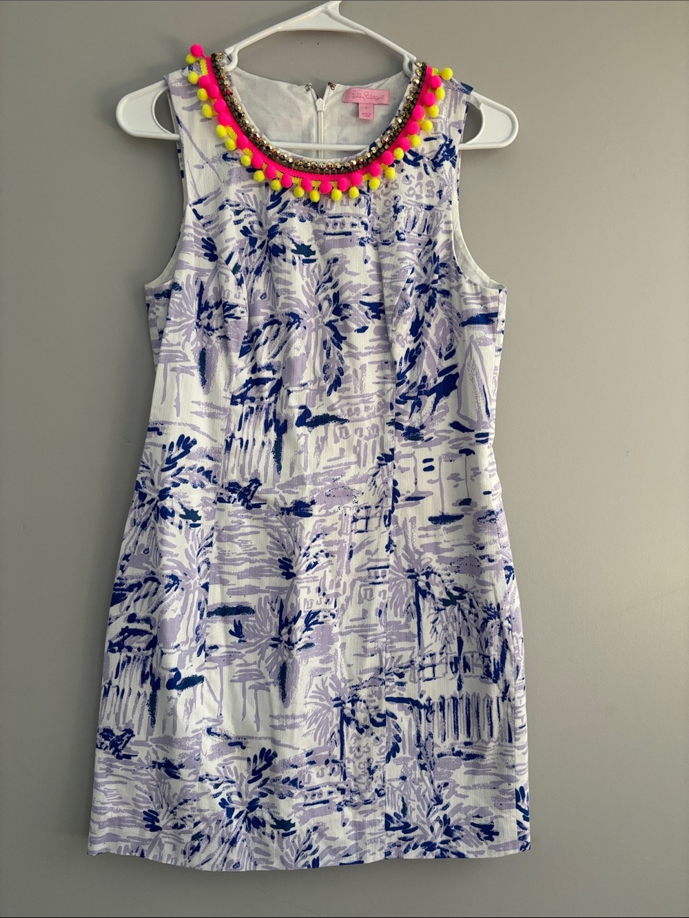 Lilly Pulitzer White Top with Pink and Yellow Pom Trim and Gold Accents
